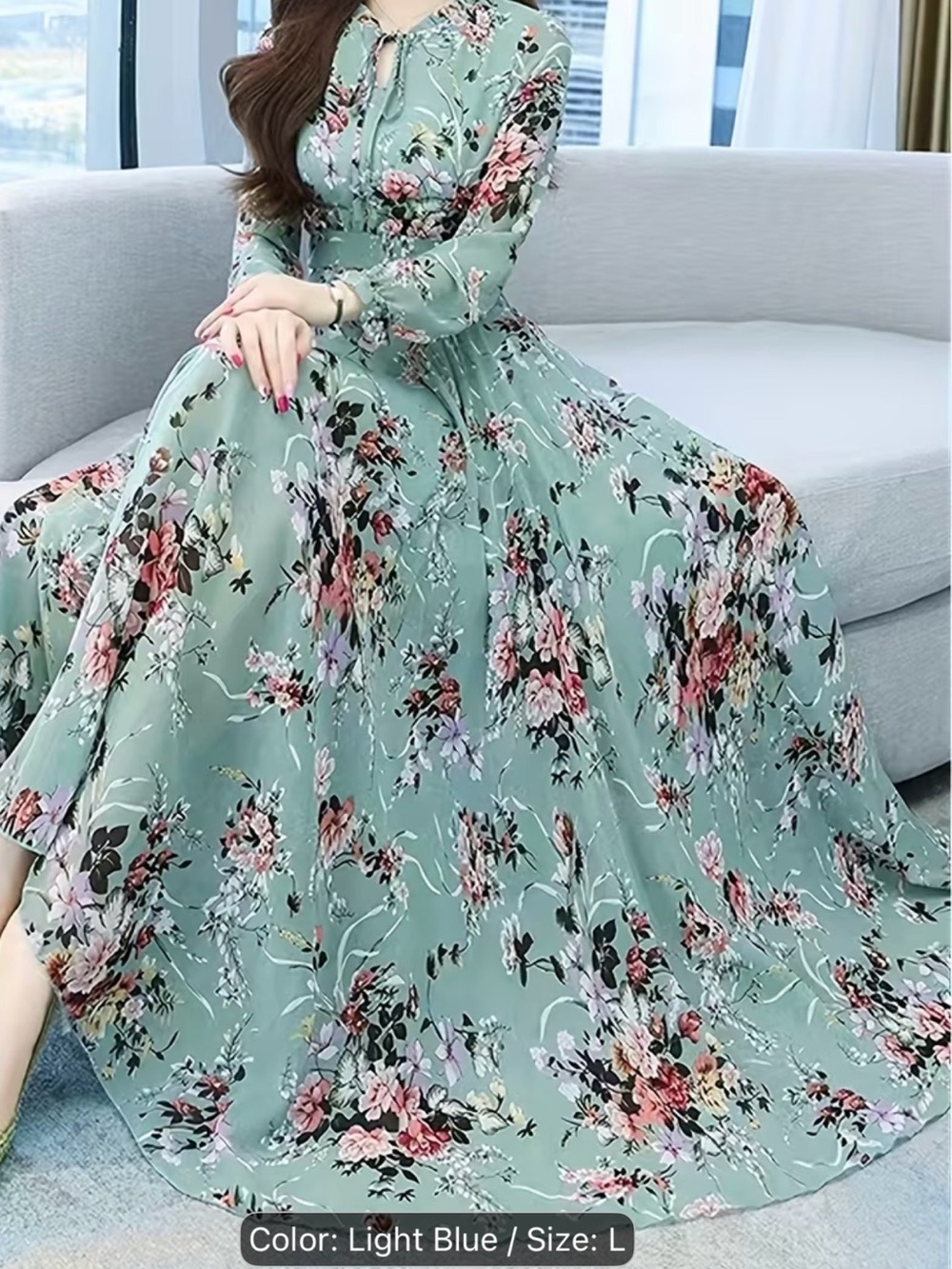 Light Blue Floral Maxi Dress with Tie-Neck - Elegant Women's Maxi